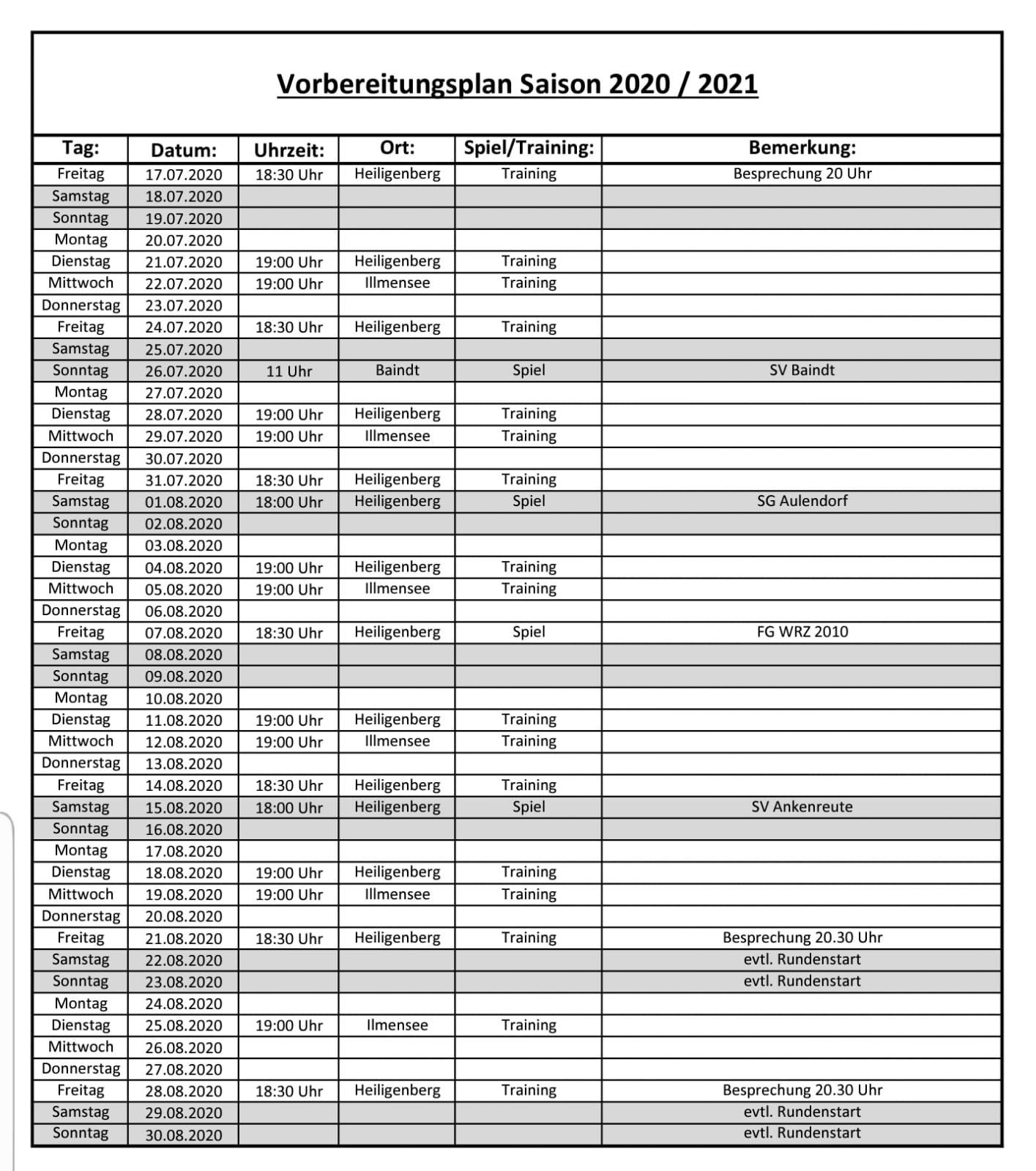 Vorbereitungsplan Sommer Saison 2020 21